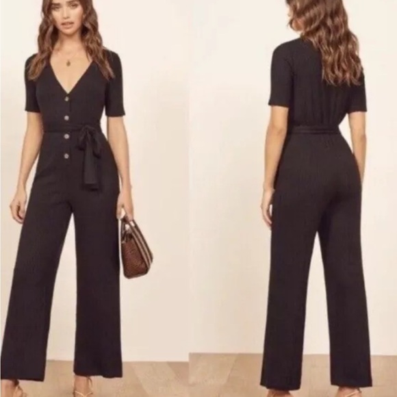 Reformation Pants - REFORMATION Camille Jumpsuit Ribbed Knit Button V Neck Black Stretch Sz L NEW